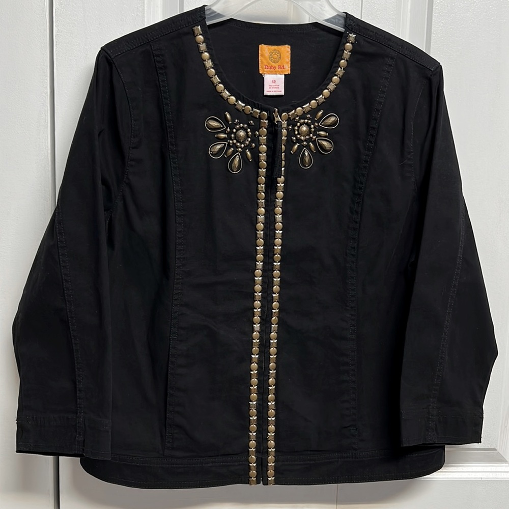 Vintage Ruby Rd. Black Beaded Cotton Stretch Khaki Light Jacket Size 12